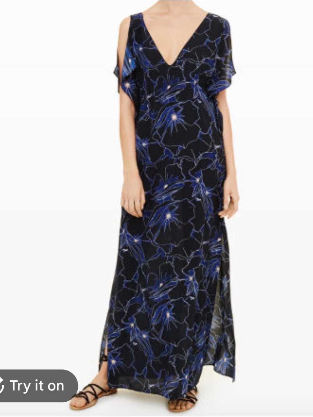Club Monaco Cold-Shoulder V-Neck Maxi beach Dress in Navy Floral